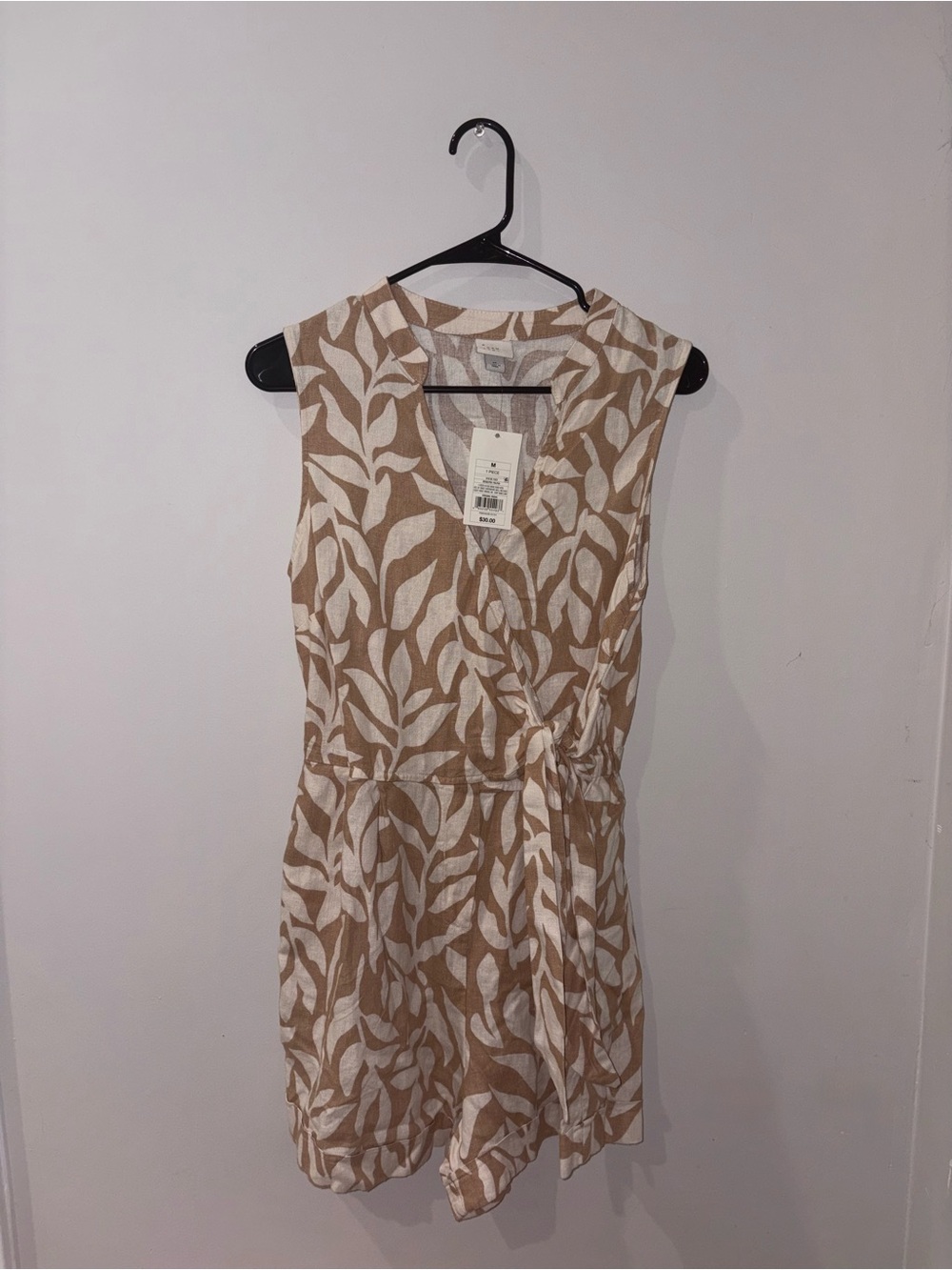 a new day Tan and White Leaf-Print Sleeveless Wrap Romper